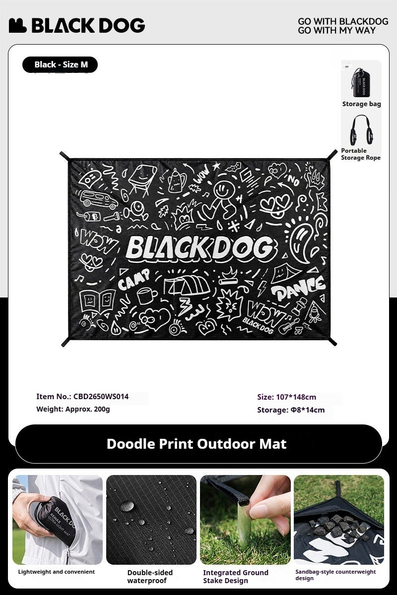 BLACKDOG Doodle-Print Outdoor Mat Portable Ultralight Black Breathable Mattress Moisture-proof Widened Layout Ground Sheet Camping Picnic Beach