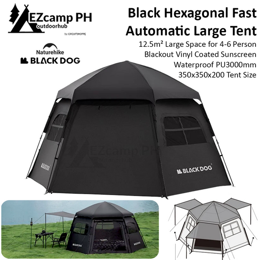 BLACKDOG Hexagonal Fast Automatic Tent Outdoor Camping Large 12.5m² for 4-6 Person Blackout Sunscreen 3 Side Awning Vinyl Coated Hexagon Auto Tent