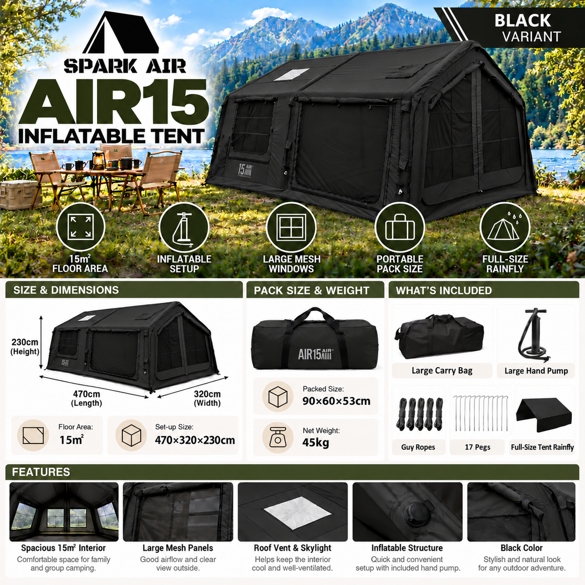 Spark Air AIR15 Inflatable Cabin Tent 15m² Large Space 6-8 Persons TC Cotton Camping Tent