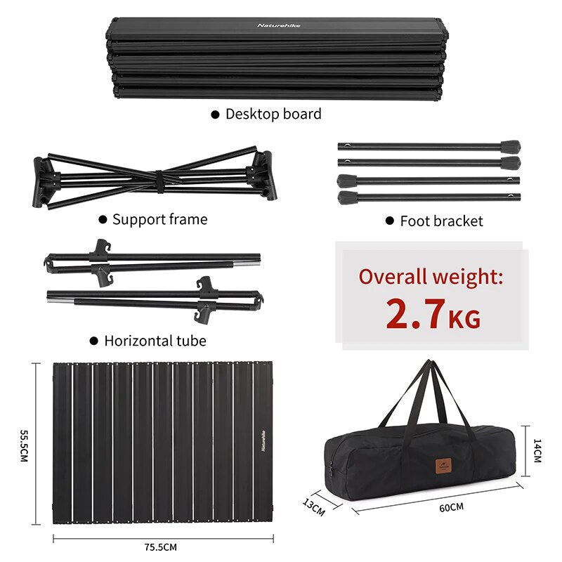 Naturehike FT11 Black Aluminum Egg Roll Camping Portable Folding Table 2 Level Height Adjustable Ultralight Heavy Duty up to 30kg Max Load Foldable