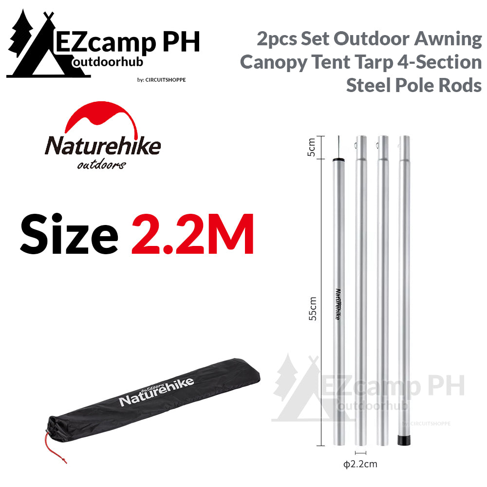 Naturehike 2pcs Set 2M | 2.2M | 2.4M | 2.8M Outdoor Portable Awning Canopy Tarp Tent Steel Iron Pole Rod 4 Section Camp Shelter Folding Support Stick