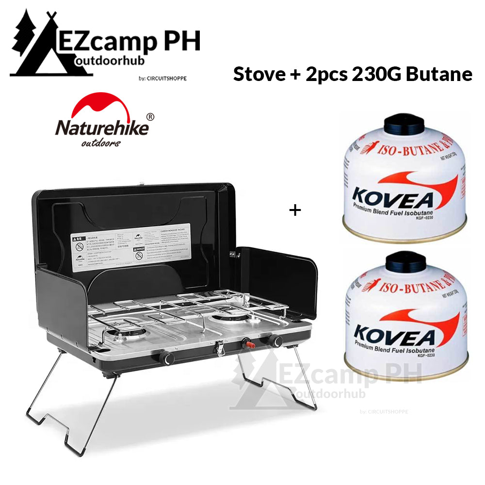 Naturehike Folding Double Camping Gas Stove Outdoor Portable Dual Head Butane Fuel 3000W Fire Power Burner with Foldable Wind Screen