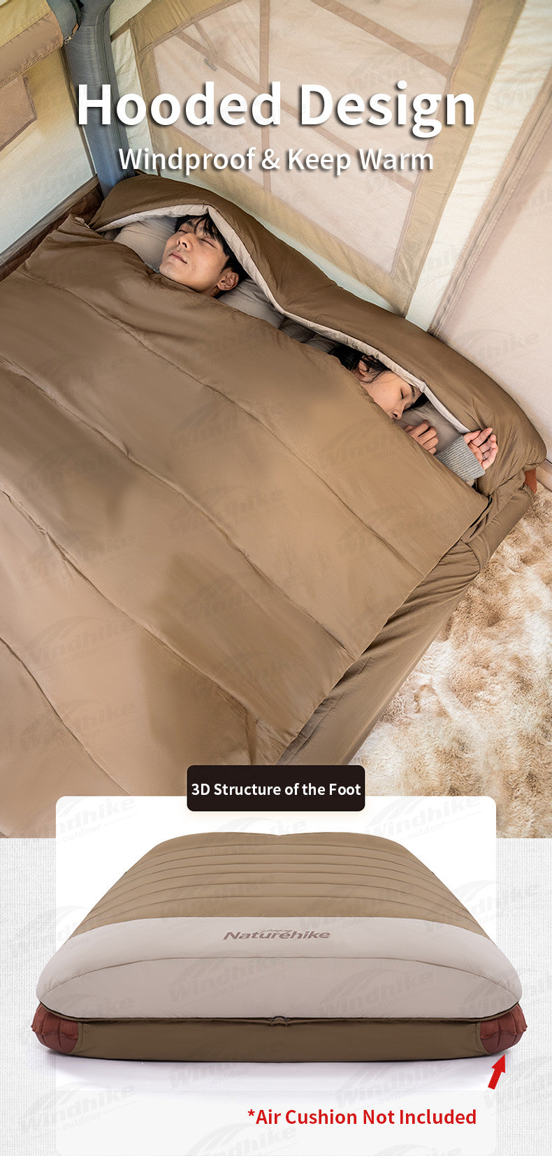 Naturehike 2 Persons Hooded Sleeping Bag Portable Foldable Multipurpose Free Combination Comfortable Outdoor Soft Warm 360° Package Design With Pillow Match Mat