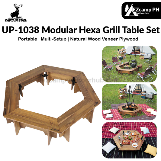 CAPTAIN STAG UP-1038 Modular Hexa Grill Table Set Portable Multi-Setup Folding Outdoor Camping BBQ Bonfire Table Natural Wood Veneer Plywood Table Set