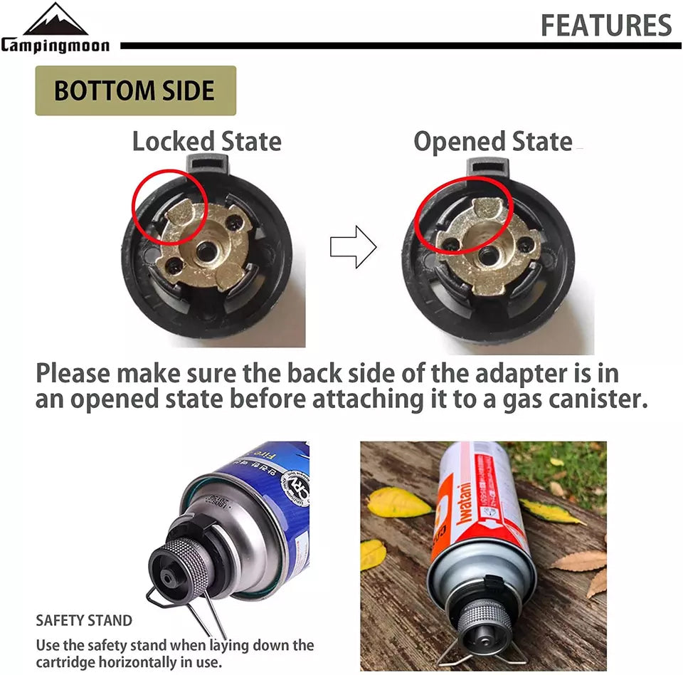 CAMPINGMOON Butane Gas Converter Adapter Nozzle Type Canister Tank to Camping Screw Type Lindal Adaptor Plug with Optional Stand Bracket Mount