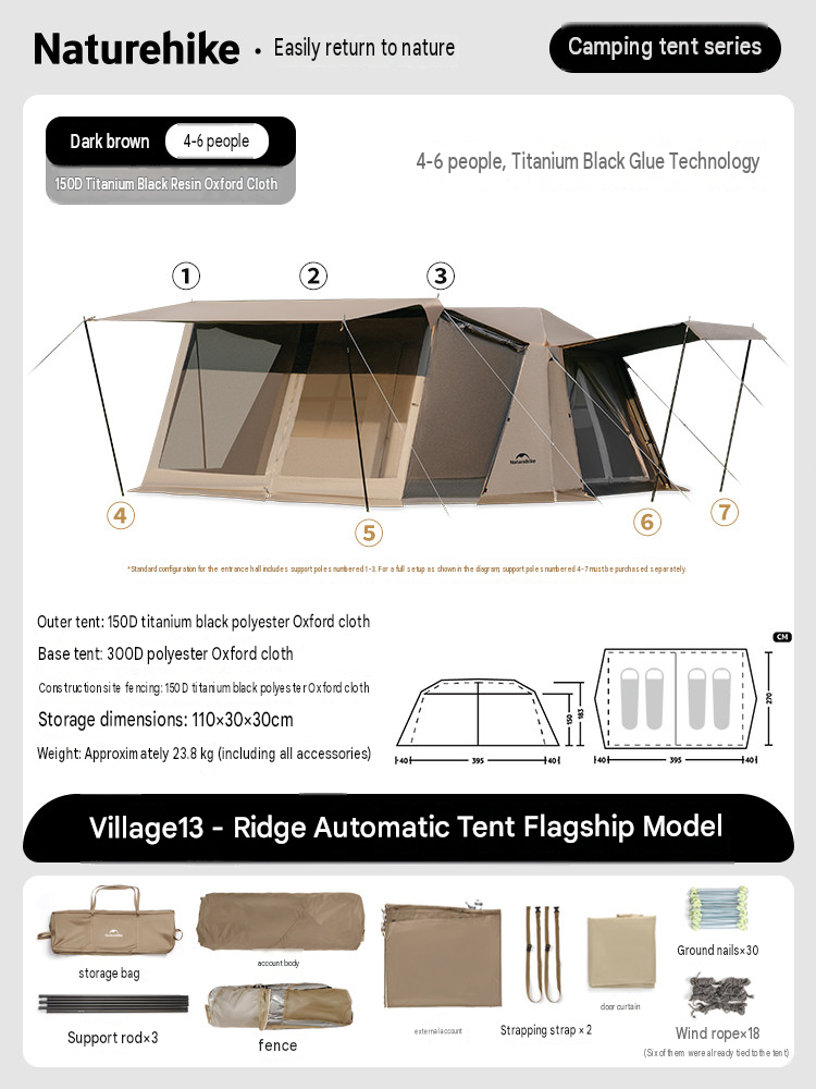 Naturehike VILLAGE 13 Flagship PRO Series Fast Build Automatic Cabin Style Tent 4-8 Person Outdoor Waterproof Ti Black Vinyl Coated Sunscreen Gen 3